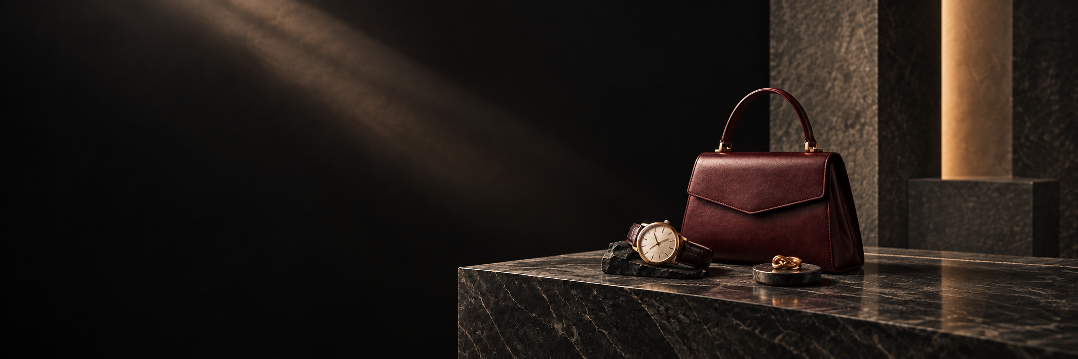 Curated watch, leather bag and jewellery in a dark gallery setting
